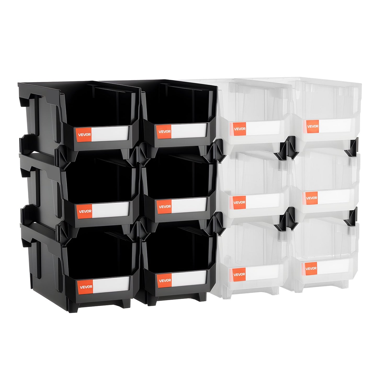 VEVOR Plastic Stackable Storage Bins, 37.7 x 21.5 x 18 cm (12 Pack), Plastic Containers for Organizing & Storage Bins for Garage, Small Parts, Office Supplies, Other Accessories, Black & Transparent