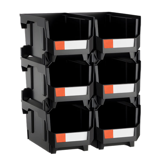 VEVOR Plastic Stackable Storage Bins, 37.7 x 21.5 x 18 cm (6 Pack), Plastic Containers for Organizing and Storage Bins for Closet, Garage, Small Parts, Office Supplies and Other Accessories, Black