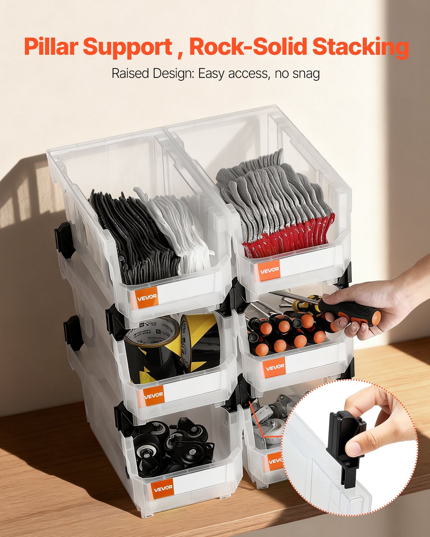 VEVOR Plastic Stackable Storage Bins, 37.7 x 21.5 x 18 cm (6 Pack), Plastic Containers for Organizing & Storage Bins for Closet, Garage, Small Parts, Office Supplies, Other Accessories, Transparent