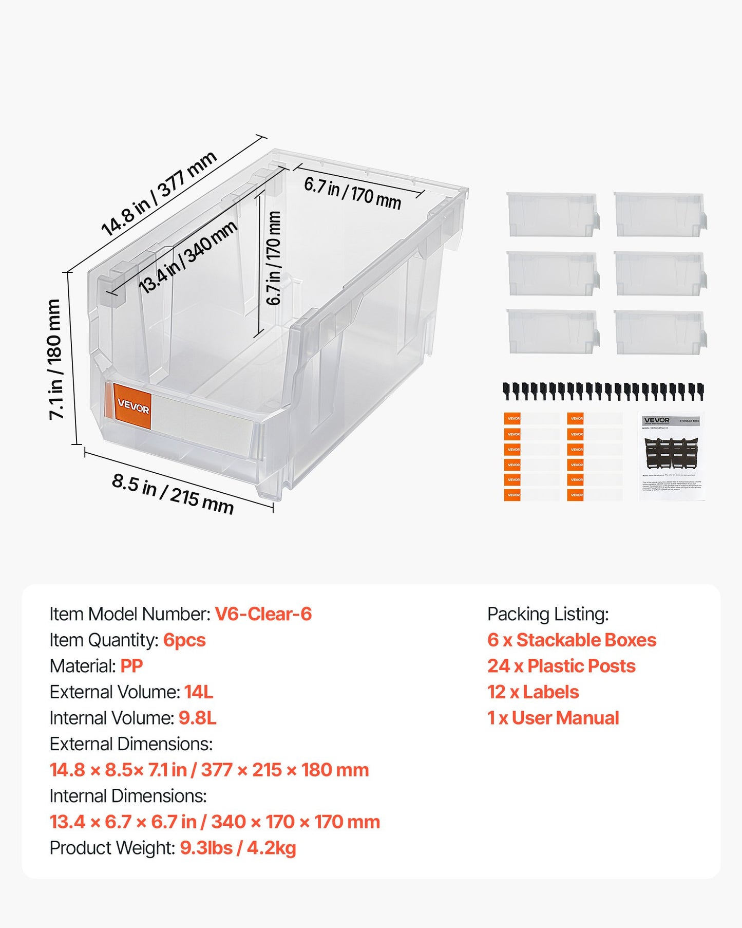 VEVOR Plastic Stackable Storage Bins, 37.7 x 21.5 x 18 cm (6 Pack), Plastic Containers for Organizing & Storage Bins for Closet, Garage, Small Parts, Office Supplies, Other Accessories, Transparent