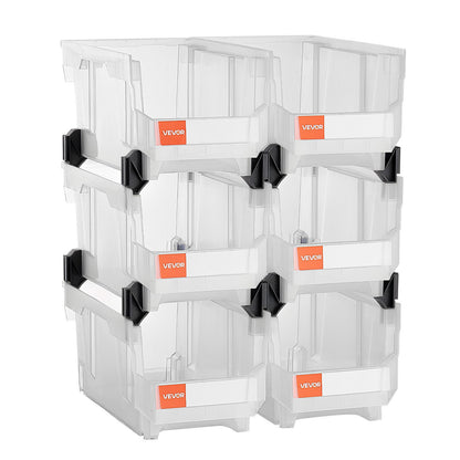 VEVOR Plastic Stackable Storage Bins, 37.7 x 21.5 x 18 cm (6 Pack), Plastic Containers for Organizing & Storage Bins for Closet, Garage, Small Parts, Office Supplies, Other Accessories, Transparent