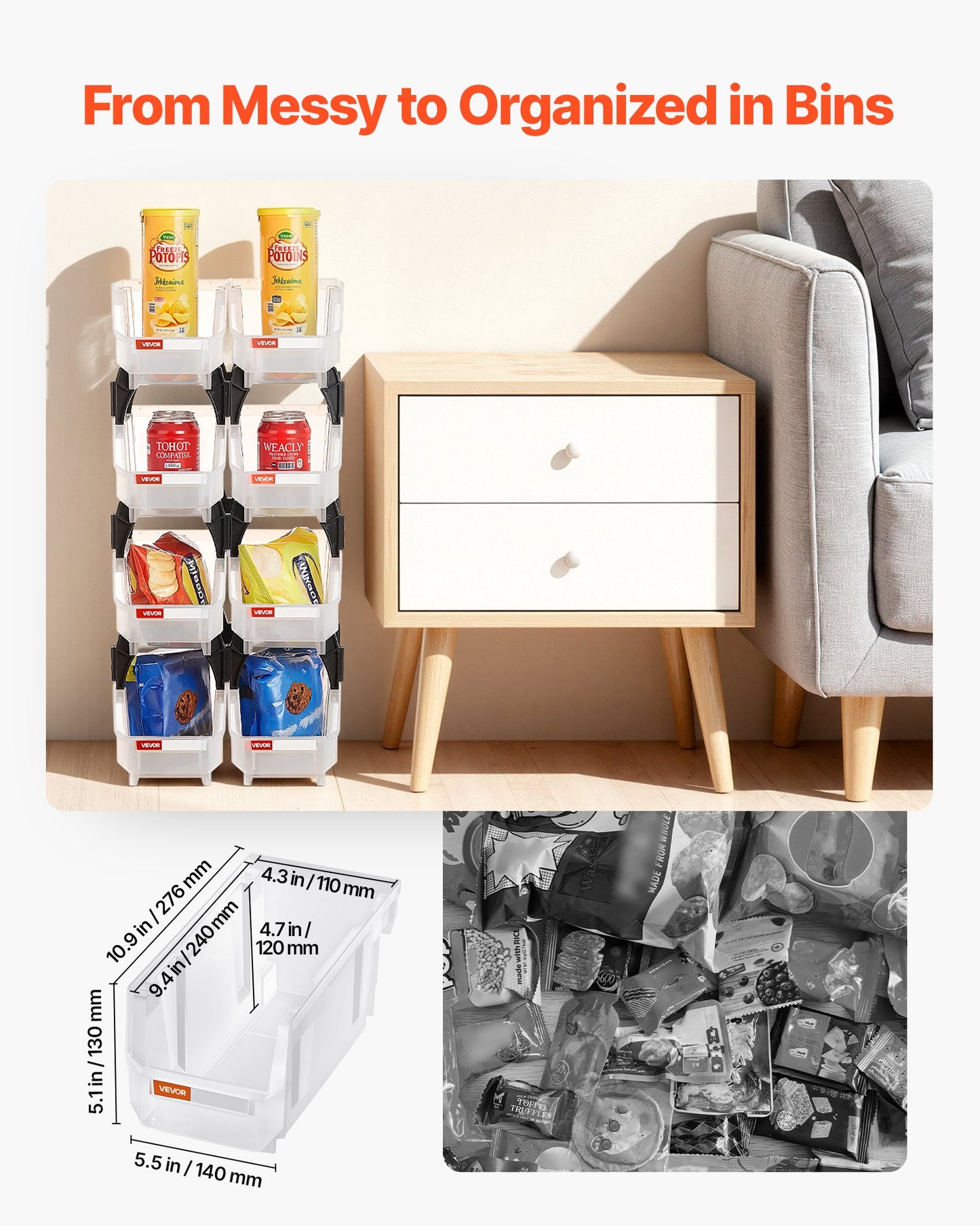 VEVOR Plastic Stackable Storage Bins, 27.6 x 14 x 13 cm (8 Pack), Plastic Containers for Organizing & Storage Bins for Closet, Garage, Small Parts, Office Supplies, Other Accessories, Transparent