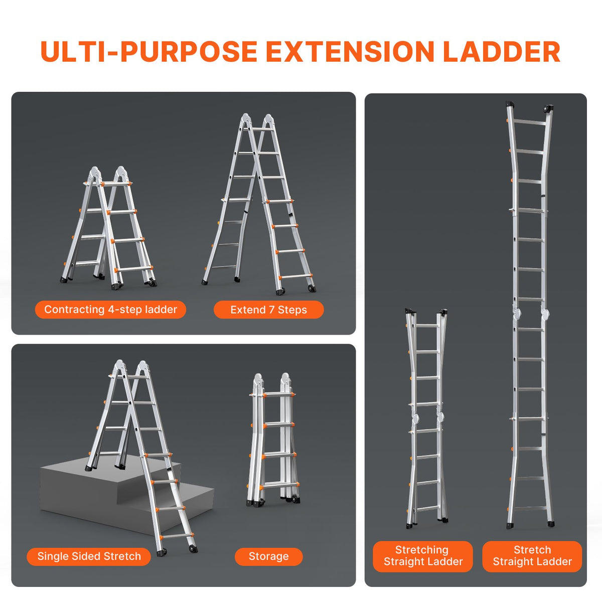 Telescoping Ladder A Frame, 13 FT Compact Aluminum Extension Ladder, Multi-Function Portable Collapsible RV Ladder, Telescopic Ladder for Homework Stairs Indoor Outdoor Roof, 330lb Load
