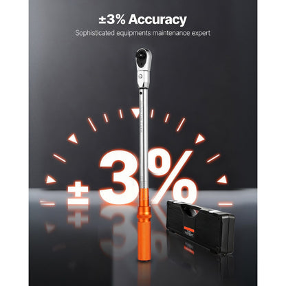 Adjustable Click Torque Wrench, 1/2 Inch Drive, 20-160 lbf-ft/27.1-216.8 N.m, Dual-direction and Dual Range Scales, 72-Tooth, ±2% Precision, with Adapter Interchangeable Jaw and Ratchet Head