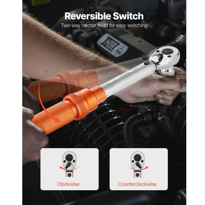 Click Torque Wrench Set, 1/4Inch Drive, 20-240 lbf-in / 2.3-27.1N.m, Dual-direction and Dual Range Scales, 72-Tooth, ±3% High Precision, with Bits, Sockets, Adapters, Extension Bar, Orange