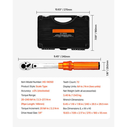 Click Torque Wrench Set, 1/4Inch Drive, 20-240 lbf-in / 2.3-27.1N.m, Dual-direction and Dual Range Scales, 72-Tooth, ±3% High Precision, with Bits, Sockets, Adapters, Extension Bar, Orange