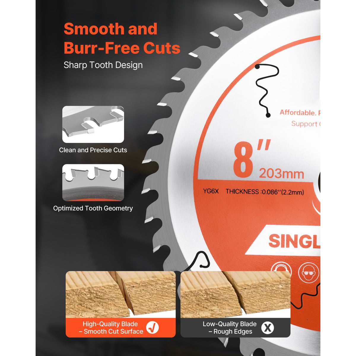 Circular Saw Blade, 203 mm Diameter, 42 Sharp Alloy Teeth, 25.4mm Arbor, Fine Finish, Wood Cutting Blade for Circular Saw, with Noise-Reducing Heat Vents, for Cutting Plywood, OSB, and Hardwood