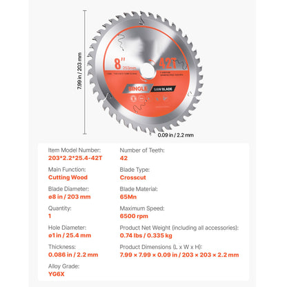 Circular Saw Blade, 203 mm Diameter, 42 Sharp Alloy Teeth, 25.4mm Arbor, Fine Finish, Wood Cutting Blade for Circular Saw, with Noise-Reducing Heat Vents, for Cutting Plywood, OSB, and Hardwood