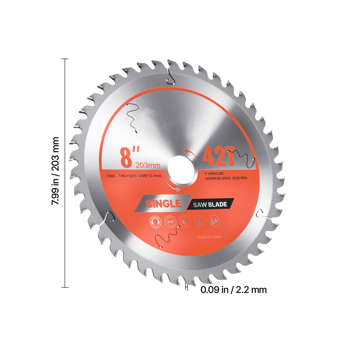Circular Saw Blade, 203 mm Diameter, 42 Sharp Alloy Teeth, 25.4mm Arbor, Fine Finish, Wood Cutting Blade for Circular Saw, with Noise-Reducing Heat Vents, for Cutting Plywood, OSB, and Hardwood