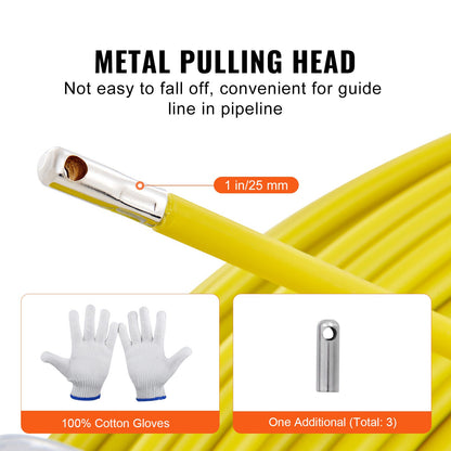 Fish Tape Fiberglass, 150 m, 7.9 mm, Duct Rodder Fishtape Wire Puller, Cable Running Rod with Steel Reel Stand, 3 Pulling Heads, Fishing Tools for Walls and Electrical Conduit, Non-Conductive