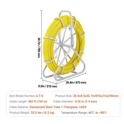 Fish Tape Fiberglass, 150 m, 7.9 mm, Duct Rodder Fishtape Wire Puller, Cable Running Rod with Steel Reel Stand, 3 Pulling Heads, Fishing Tools for Walls and Electrical Conduit, Non-Conductive
