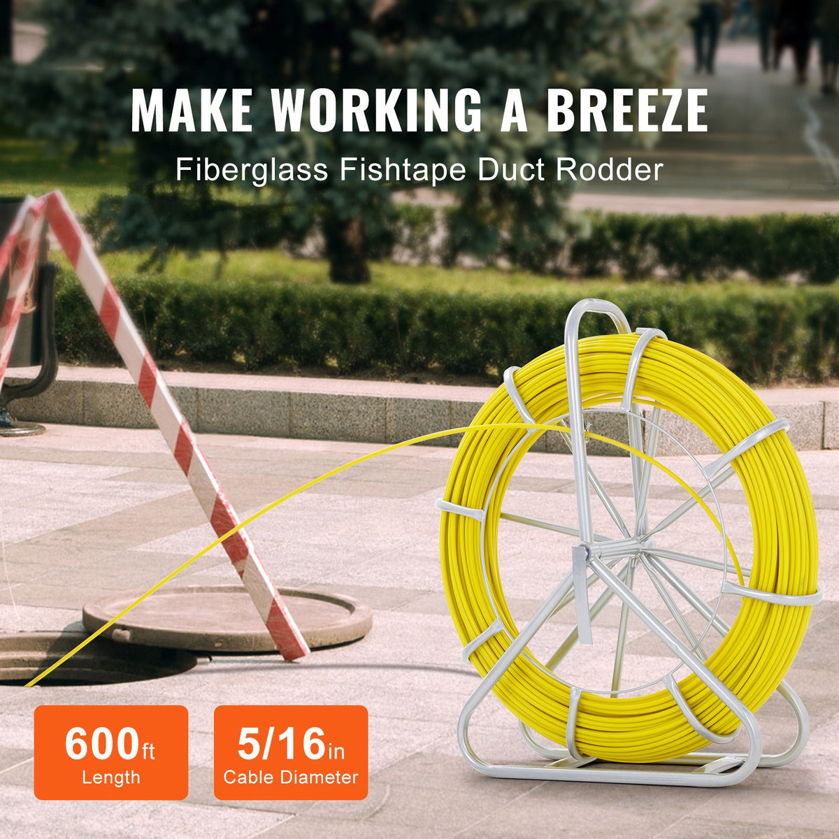 Fish Tape Fiberglass, 182.88 m, 7.9 mm, Duct Rodder Fishtape Wire Puller, Cable Running Rod with Steel Reel Stand, 3 Pulling Heads, Fishing Tools for Walls and Electrical Conduit, Non-Conductive