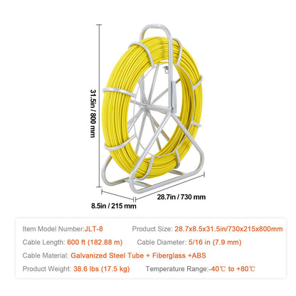 Fish Tape Fiberglass, 182.88 m, 7.9 mm, Duct Rodder Fishtape Wire Puller, Cable Running Rod with Steel Reel Stand, 3 Pulling Heads, Fishing Tools for Walls and Electrical Conduit, Non-Conductive