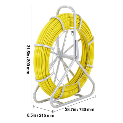 Fish Tape Fiberglass, 182.88 m, 7.9 mm, Duct Rodder Fishtape Wire Puller, Cable Running Rod with Steel Reel Stand, 3 Pulling Heads, Fishing Tools for Walls and Electrical Conduit, Non-Conductive