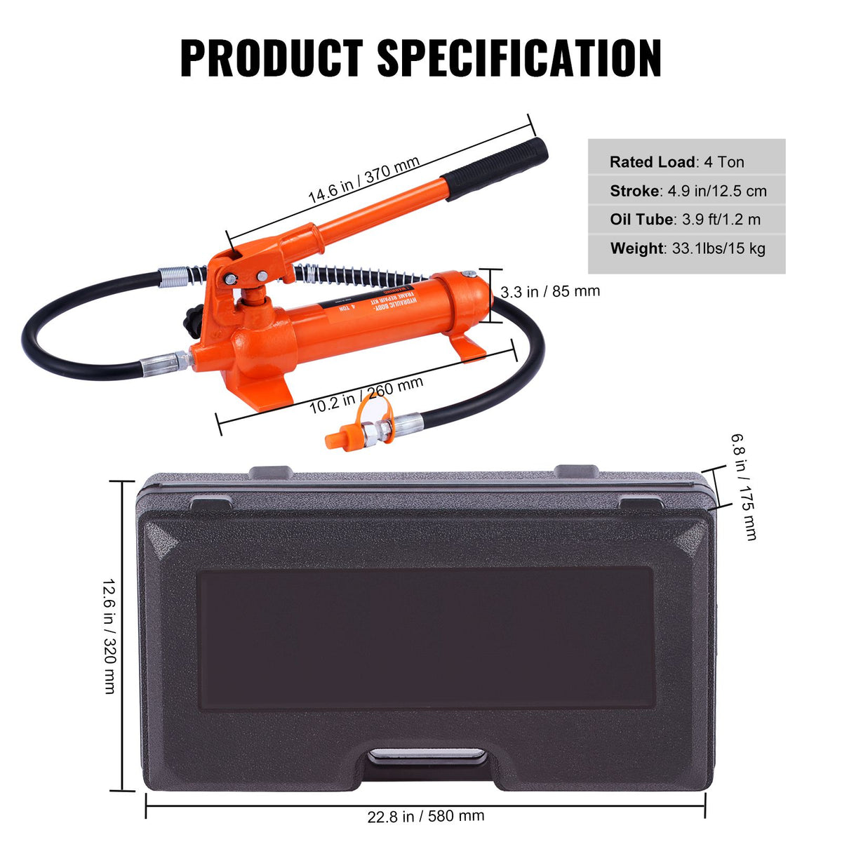 4 Ton Porta Power Kit, Portable Hydraulic Jack with 3.9 ft/1.2 m Oil Hose, Auto Body Frame Repair Kit with Storage Case for Car Repair, Truck, Farm (8800 LBS)