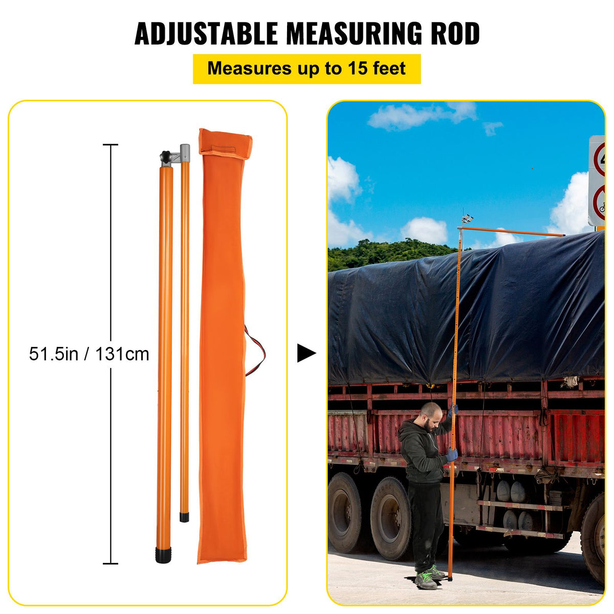 Load Height Measuring Stick, 15\' Sturdy Fiberglass Truck Height Stick with Adjustable Pole, Non-conductive Truck Height Measuring Stick with Carrying Bag, Height Stick for Trucks, Car Haulers