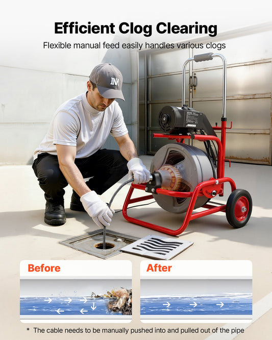 Drain Cleaner Machine 22m x 12.7mm, Sewer Snake Auger on Wheels, Manual Feed Drain Cleaning Machine with Adjustable Drum Angle, 6 Cutters & Air-activated Foot Switch for 50mm to 150mm Pipes