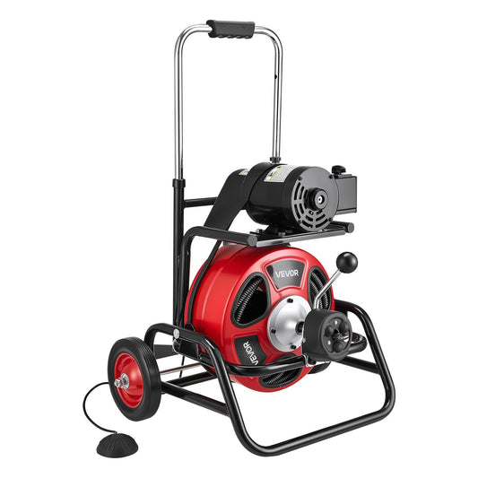 Drain Cleaner Machine 30m x 9.5mm, Auto Feed Sewer Snake Auger, Portable Drain Cleaning Machine with Climbing Wheels, Adjustable Drum, 8 Cutters & Foot Switch for 50mm to 100mm Pipes
