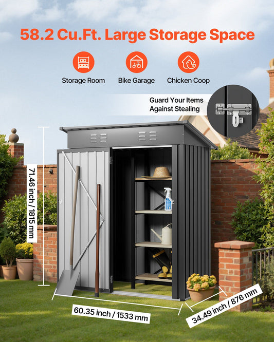 1533 x 876 x 1815 mm Metal Garden Shed, Storage Building with Lockable Door & 2 Louver Vents, Sloped Roof Metal Outdoor Storage Shed, Tool Sheds Outdoor Storage for Backyard, Garden, Patio