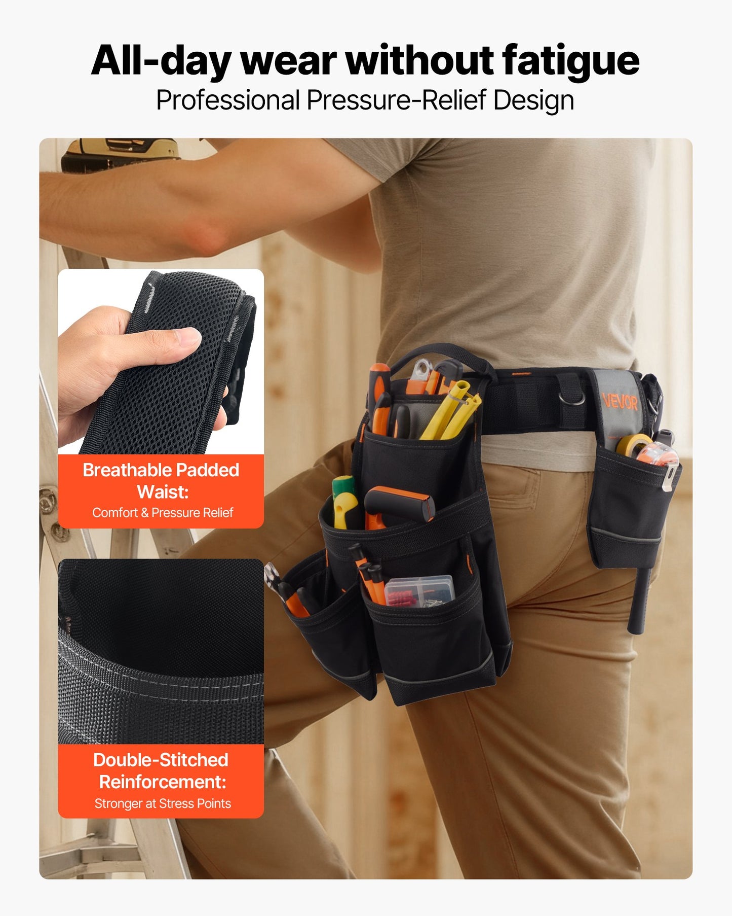 VEVOR Tool Belt, 18 Pockets Professional Tool Pouch for Men, Heavy Duty Adjustable Utility Belt Detachable Work Bag for Electrician, Carpenter, Construction, Work Apron Organizer, Adjusts 80-131 cm