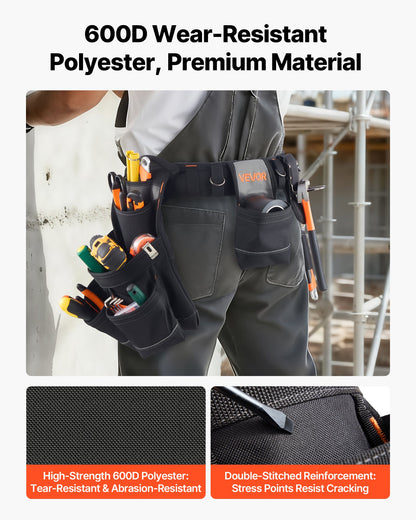 VEVOR Tool Belt, 18 Pockets Professional Tool Pouch for Men, Heavy Duty Adjustable Utility Belt Detachable Work Bag for Electrician, Carpenter, Construction, Work Apron Organizer, Adjusts 80-131 cm