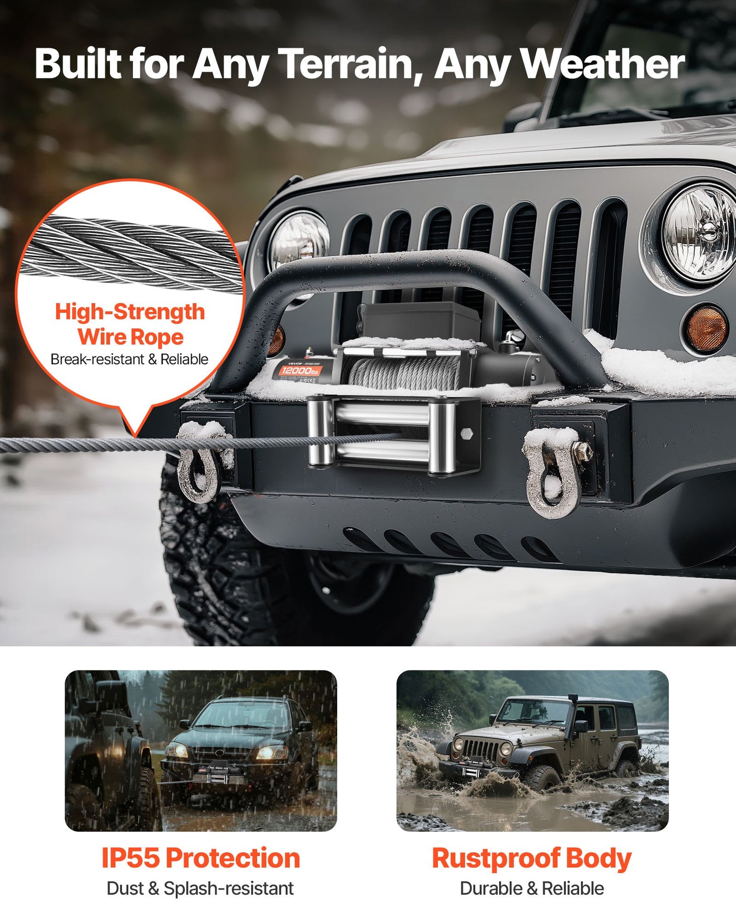 Electric Winch, 5400 kg Load Capacity, 12V DC Truck Winch with Φ9.1 mm x 24 m Steel Rope, Wireless & Wired Remote Control, IP55 Waterproof for Towing SUV Jeep Trailer Boat Off-Road Vehicle