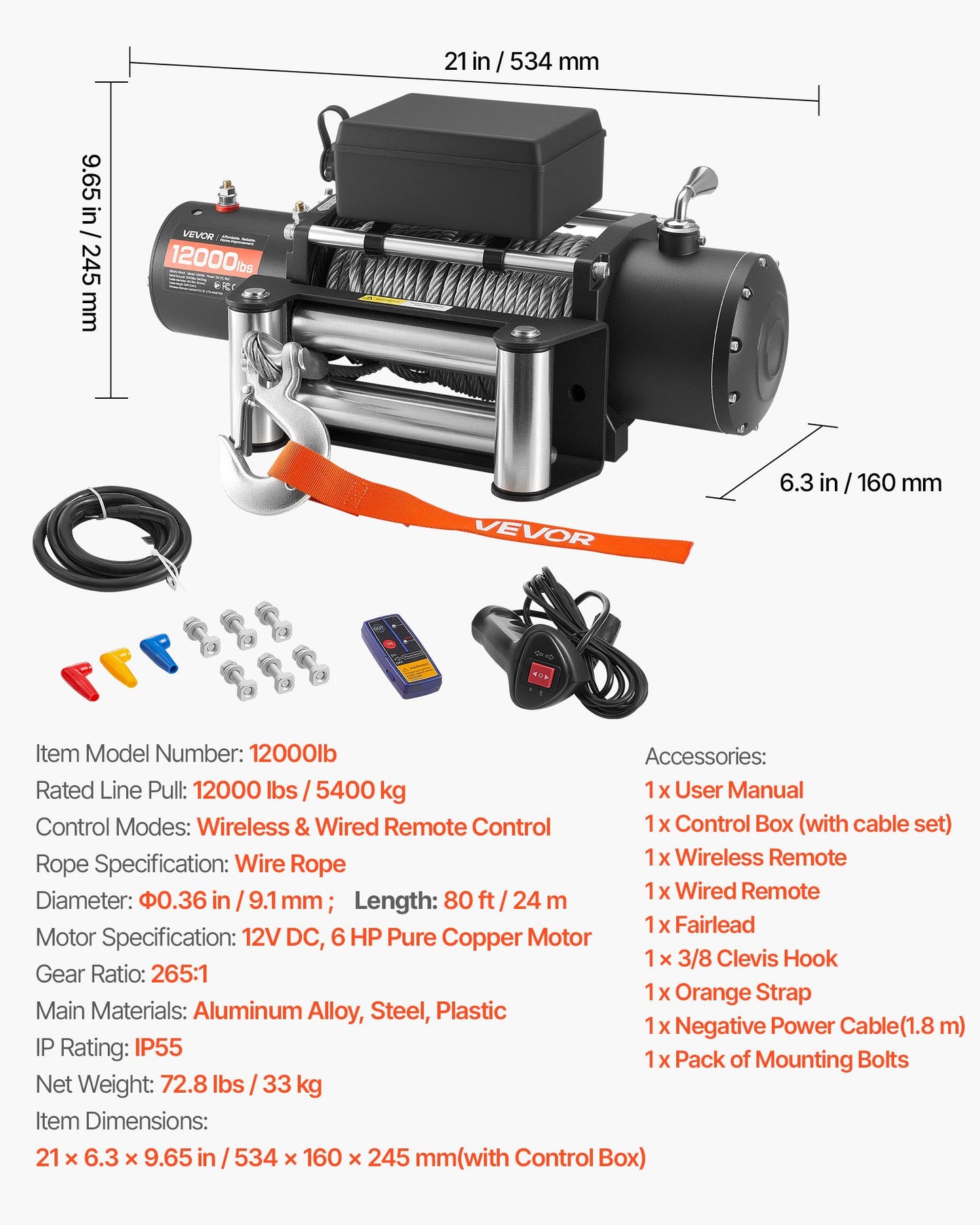 Electric Winch, 5400 kg Load Capacity, 12V DC Truck Winch with Φ9.1 mm x 24 m Steel Rope, Wireless & Wired Remote Control, IP55 Waterproof for Towing SUV Jeep Trailer Boat Off-Road Vehicle