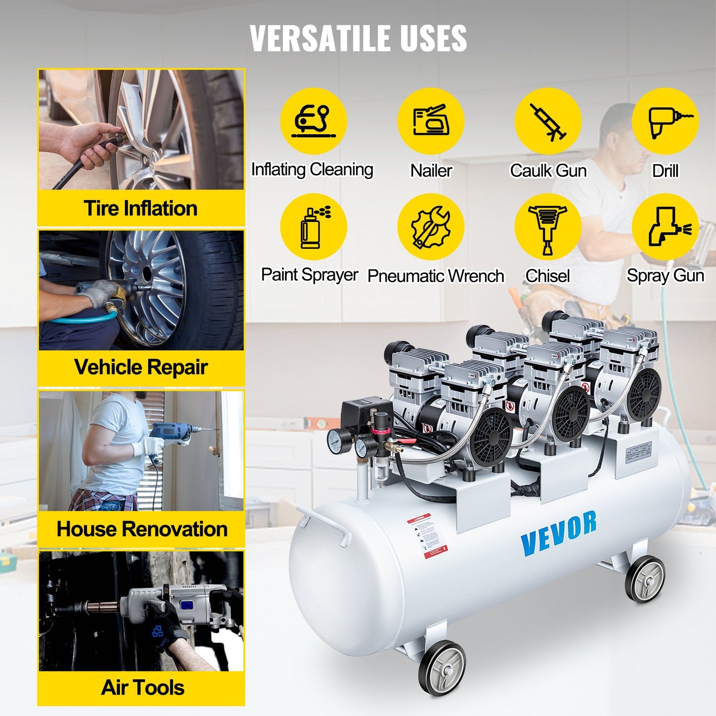 Oil Free Air Compressor Air Compressor Tank 100L 3HP Ultra Silent Inflator