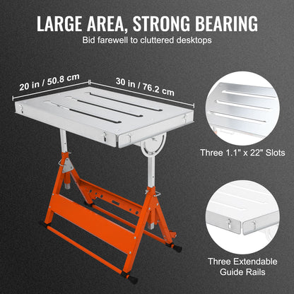 Welding Table 30" x 20", 400lbs Load Capacity Steel Welding Workbench Table on Wheels, Folding Work Bench with Three 1.1" Slot, 3 Tilt Angles, Adjustable Height, Retractable Guide Rails