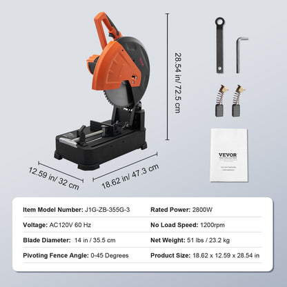 Chop Saw, 14"/355mm Blade Diameter Cut Off Saw, 2800W 1200RPM Steel Cutting Machine, Adjustable Dry Cut Chop Saw, Miter Saw for Cutting Metal Cold Cut Saw for Steel/Rebar/Iron/Aluminum