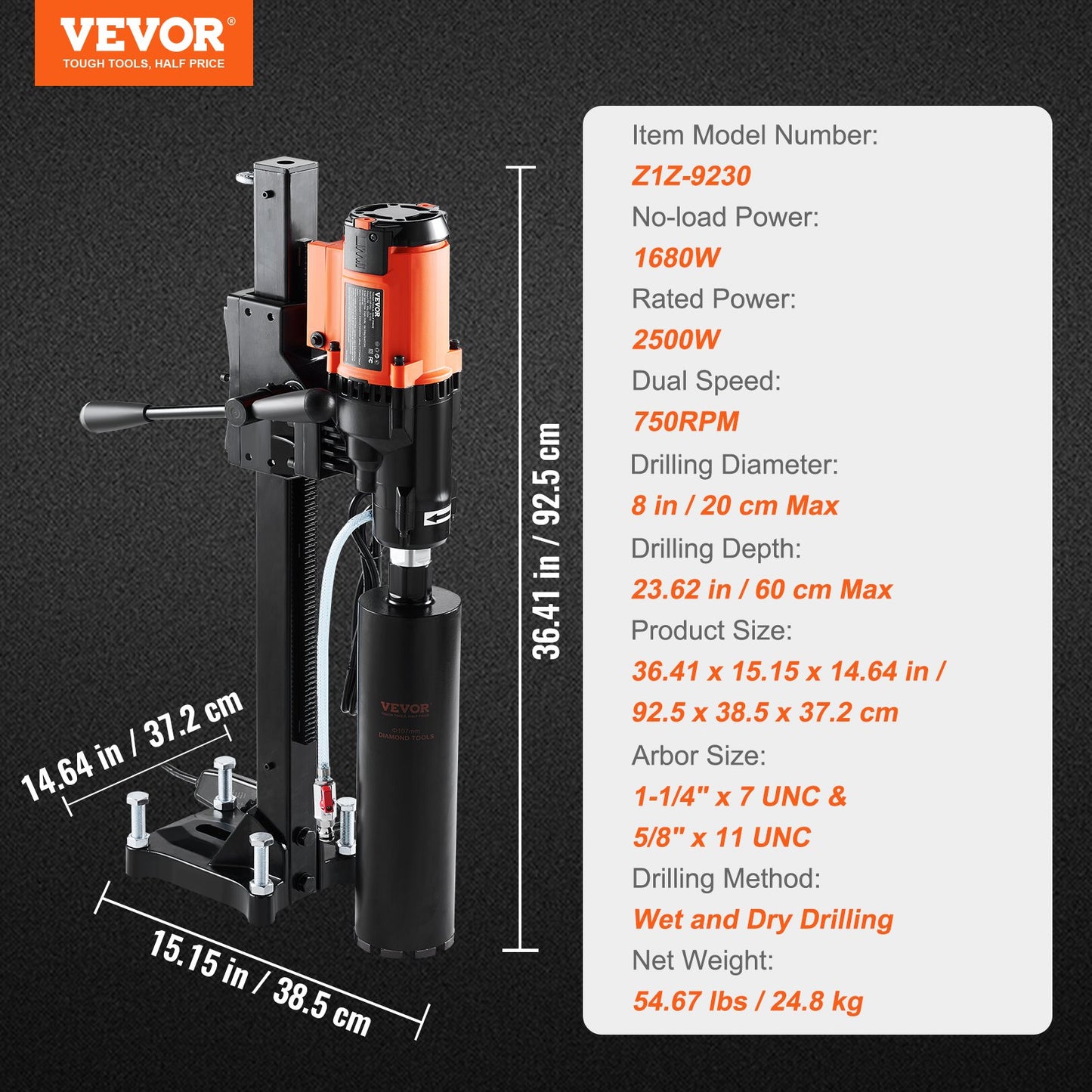 Diamond Core Drilling Machine, 8in Wet&Dry Concrete Core Drill Rig with Stand, 750RPM Speed & 1-1/4" 5/8" Thread & Lifting Handle, 8in Drilling Diameter for Concrete Brick Block Stone, 2500W