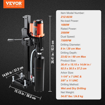 Diamond Core Drilling Machine, 8in Wet&Dry Concrete Core Drill Rig with Stand, 750RPM Speed & 1-1/4" 5/8" Thread & Lifting Handle, 8in Drilling Diameter for Concrete Brick Block Stone, 2500W