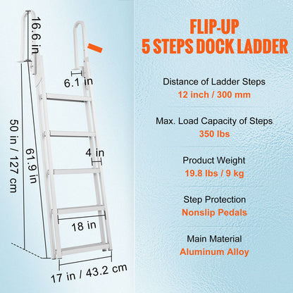 Dock Ladder Flip Up 5 Steps, 350lbs Load Capacity, Aluminum Pontoon Boat Ladder with 4" Wide Step & Nonslip Rubber Mat,Swimm Step Ladder for Ship/Lake/Pool/Marine Boarding