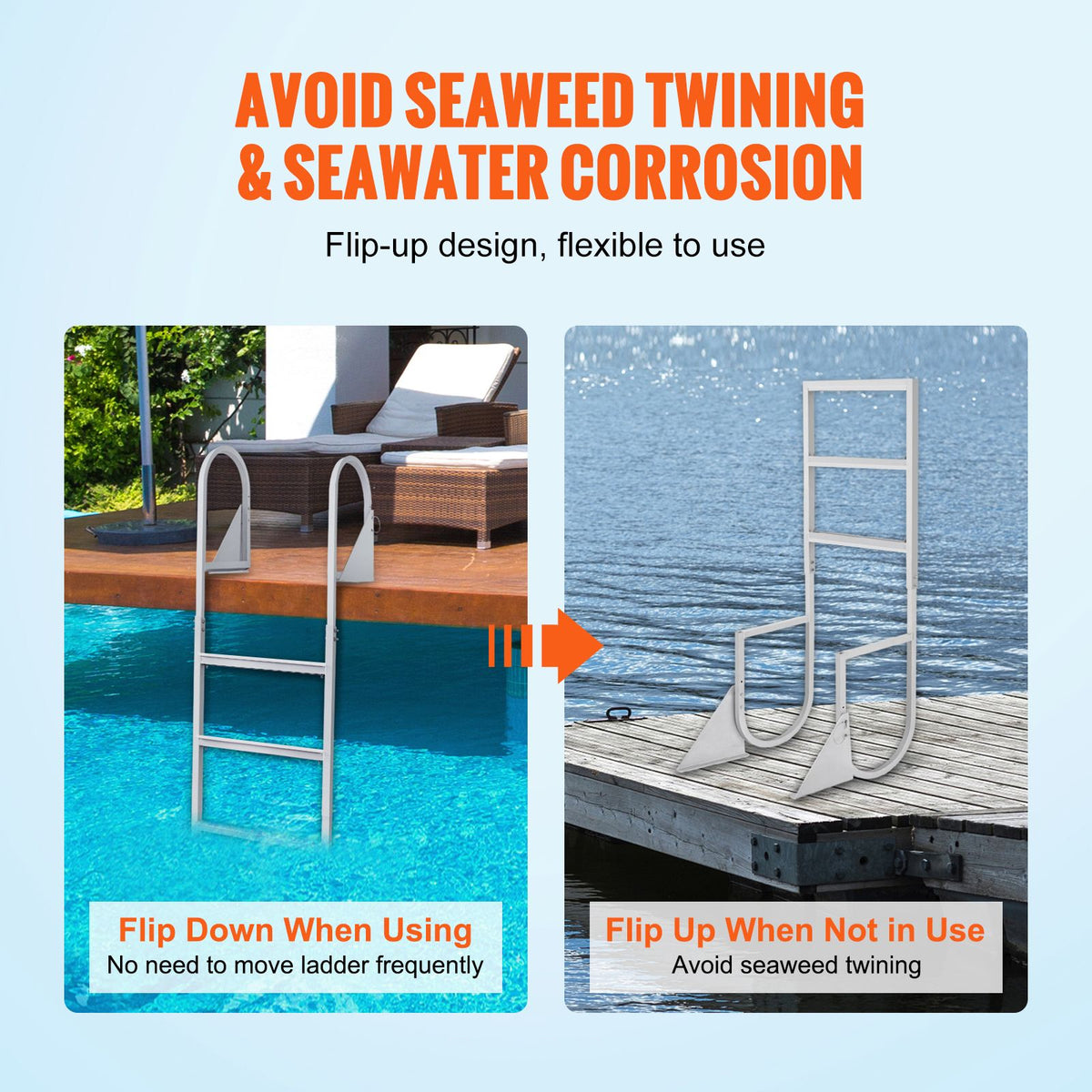 Dock Ladder, Flip-Up 3 Steps, 159 kg Load Capacity, Aluminum Alloy Pontoon Boat Ladder with 50.8 mm Wide Step & Nonslip Rubber Mat, Easy to Install for Ship/Lake/Pool/Marine Boarding