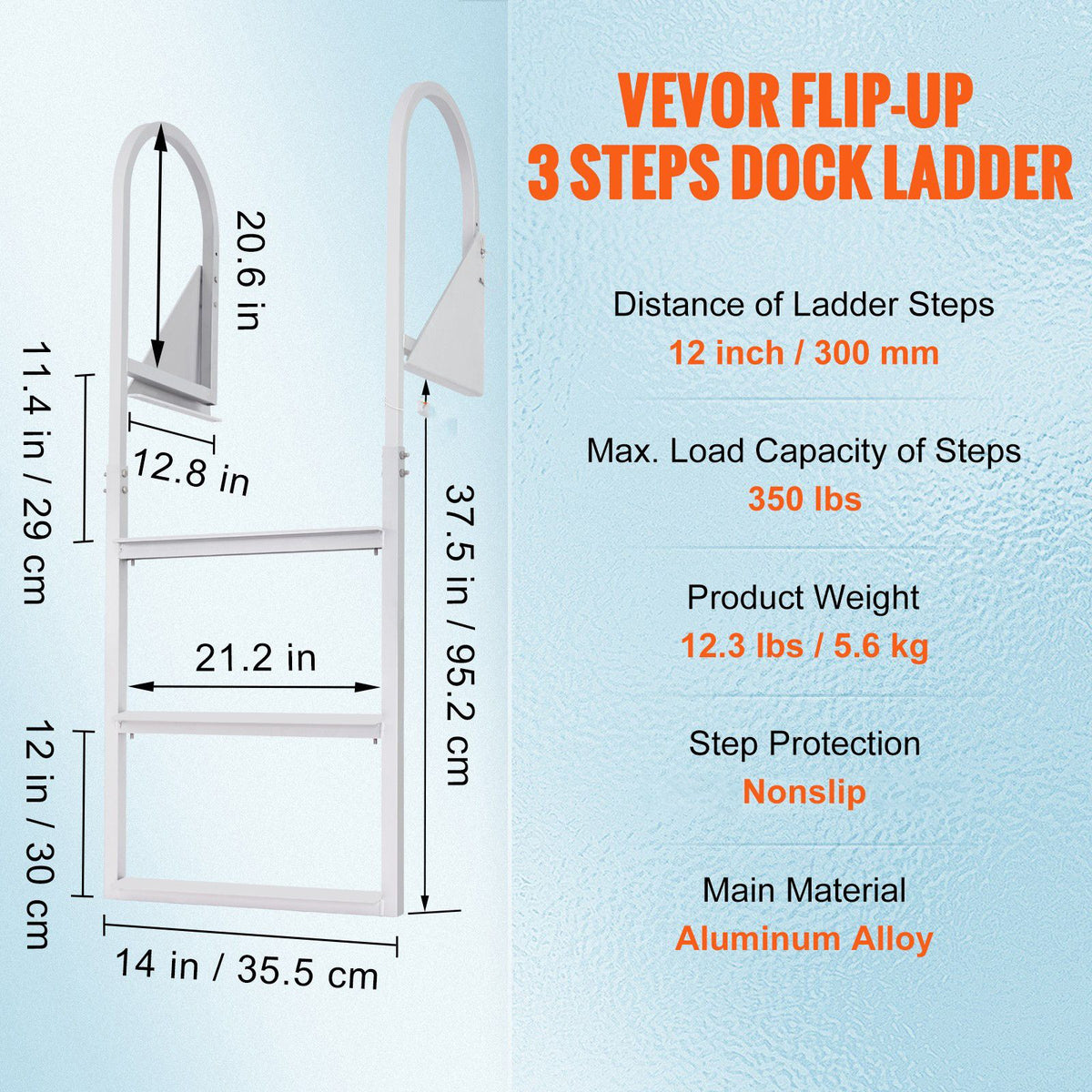 Dock Ladder, Flip-Up 3 Steps, 159 kg Load Capacity, Aluminum Alloy Pontoon Boat Ladder with 50.8 mm Wide Step & Nonslip Rubber Mat, Easy to Install for Ship/Lake/Pool/Marine Boarding