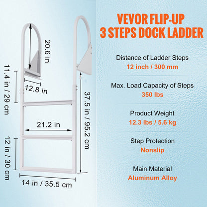 Dock Ladder, Flip-Up 3 Steps, 159 kg Load Capacity, Aluminum Alloy Pontoon Boat Ladder with 50.8 mm Wide Step & Nonslip Rubber Mat, Easy to Install for Ship/Lake/Pool/Marine Boarding