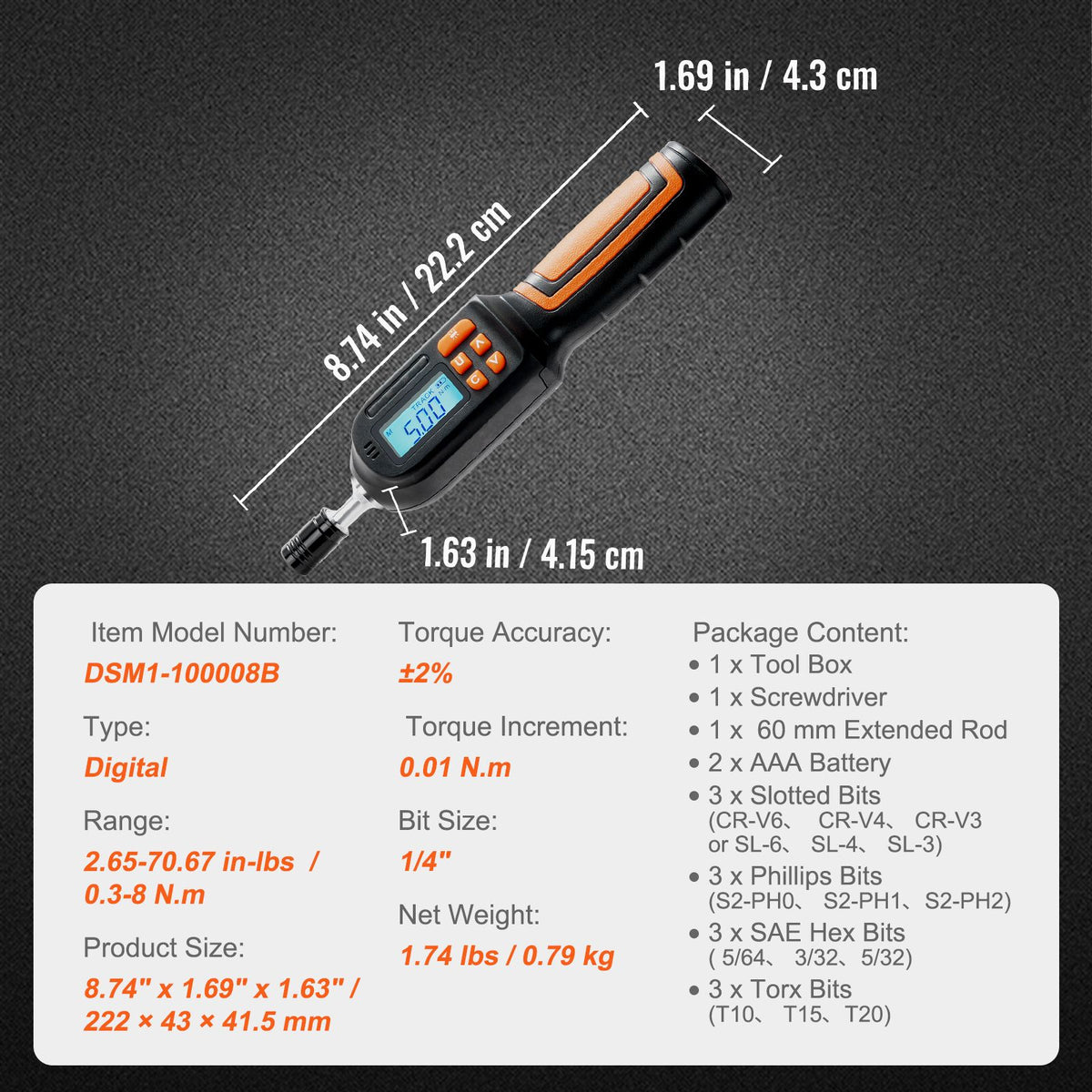 Digital Torque Screwdriver 1/4" Range 2.65-70.67in/lb w/ 0.01N.m Increment