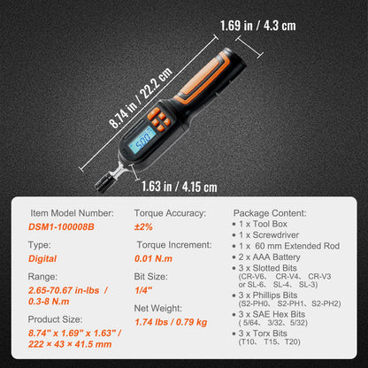 Digital Torque Screwdriver 1/4" Range 2.65-70.67in/lb w/ 0.01N.m Increment