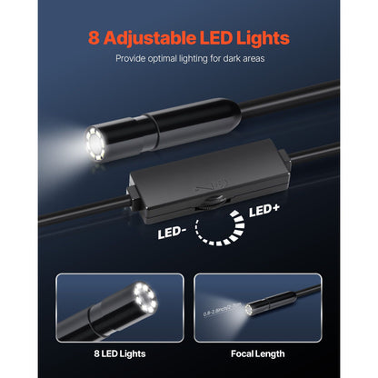 Endoscope Camera with Light, 1920P HD Borescope for Android & IOS, 8 LED Lights Inspection Camera with 3m Semi-Rigid Cable, 2X Zoom, IP67 Waterproof Snake Scope Cameras for Auto, Plumbing