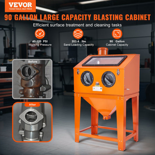 90 Gallon Sandblasting Cabinet with 1.8 Gallon Dust Collection System, 40-120PSI Sand Blasting Cabinet with Stand, Heavy Duty Sand Blaster with Blasting Gun & 4 Nozzles for Paint, Rust Removal