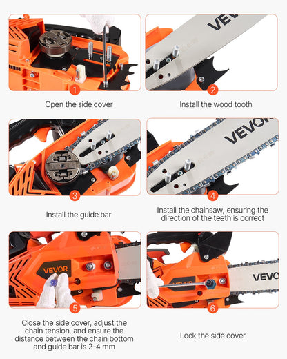 VEVOR 25 cc Gas Chainsaw, 305 mm Gas Powered Chainsaw, 0.75 kW Power Chain Saw with Non-Slip Handle, Gas-Powered Chainsaws with Dual Fuel Tanks, For Wood Cutting, Tree Trimming, and Land Clearing
