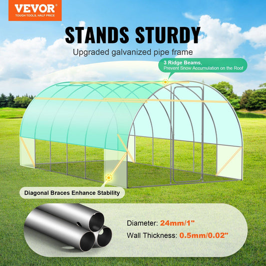 Walk-in Tunnel Greenhouse, 19.4x9.7x7.4 ft Hoop House Greenhouse Tunnel, Plant Hot House with Galvanized Steel Frame, Green PE Cover, Swing Door and 12 Roll-up Windows for Outdoor