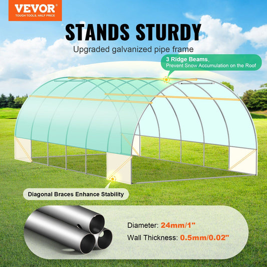 Walk-in Tunnel Greenhouse, 19.4x9.7x6.5 ft Hoop House Greenhouse Tunnel, Plant Hot House with Galvanized Steel Frame, Green PE Cover, Roll-up Zipper Door and 12 Windows for Outdoor