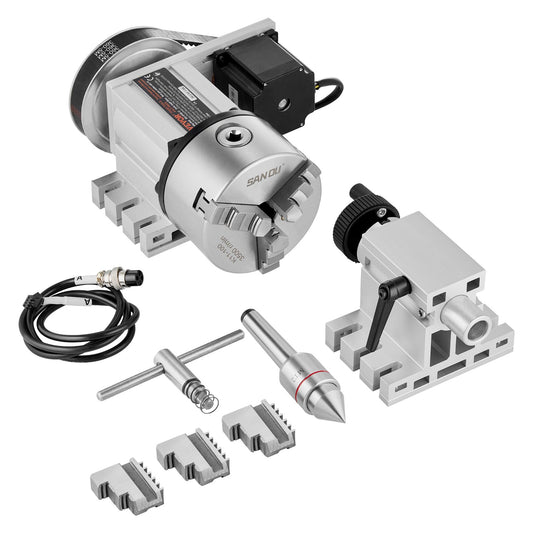 Dividing Head, K11-100mm 3-Jaw Chuck, CNC Router Milling Machine Rotational Axis 4th Axis A Axis Indexing Head, 65 mm Center Height MT2 Tailstock 6:1 Gear Ratio, Universal for Engraving