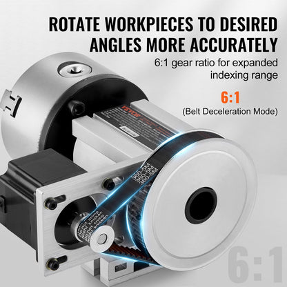 Dividing Head, K11-100mm 3-Jaw Chuck, CNC Router Milling Machine Rotational Axis 4th Axis A Axis Indexing Head, 65 mm Center Height MT2 Tailstock 6:1 Gear Ratio, Universal for Engraving