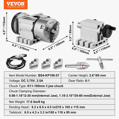 Dividing Head, K11-100mm 3-Jaw Chuck, CNC Router Milling Machine Rotational Axis 4th Axis A Axis Indexing Head, 65 mm Center Height MT2 Tailstock 6:1 Gear Ratio, Universal for Engraving