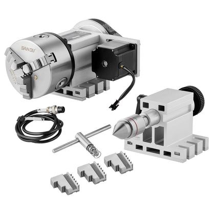 Dividing Head, K11-100mm 3-Jaw Chuck, CNC Router Milling Machine Rotational Axis 4th Axis A Axis Indexing Head, 65 mm Center Height MT2 Tailstock 6:1 Gear Ratio, Universal for Engraving