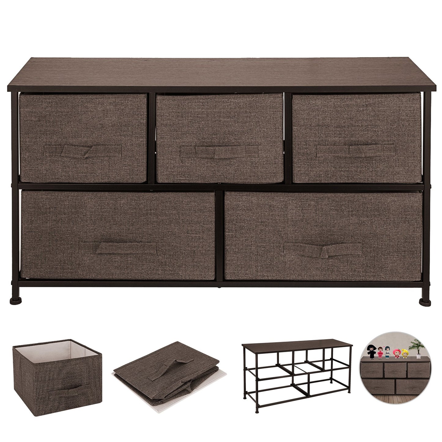 VEVOR Dresser Storage Tower with 5 Fabric Drawer Steel Frame Storage Cabinet Bin Storage Organizer Unit Fabric Cube Dresser Chest Cabinet Coffee Wide (Coffee/Wide)