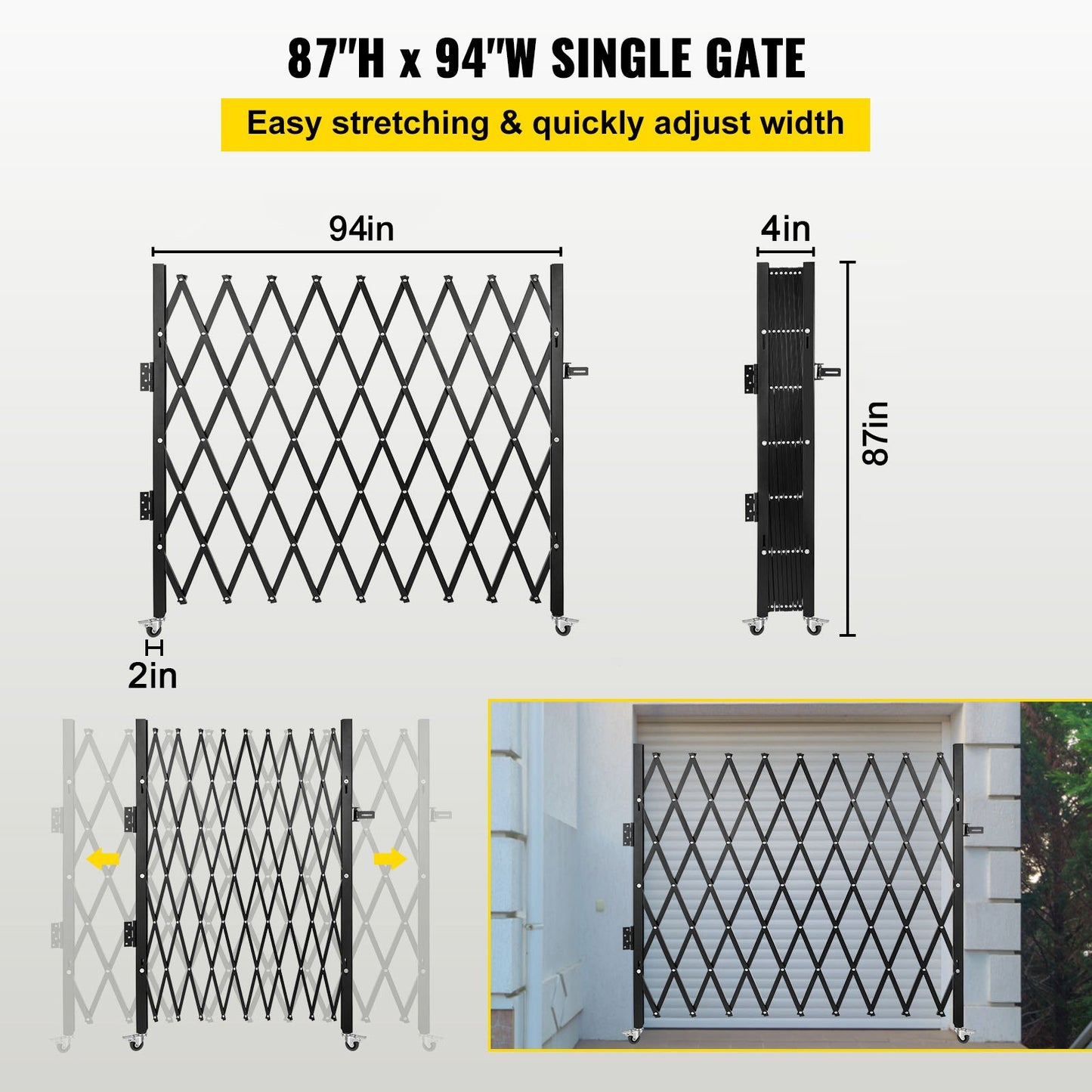 Single Folding Security Gate, 85" H x 95" W Folding Door Gate, Steel Accordion Security Gate, Flexible Expanding Security Gate, Rolling Barricade Gate, Scissor Gate/Door with Padlock
