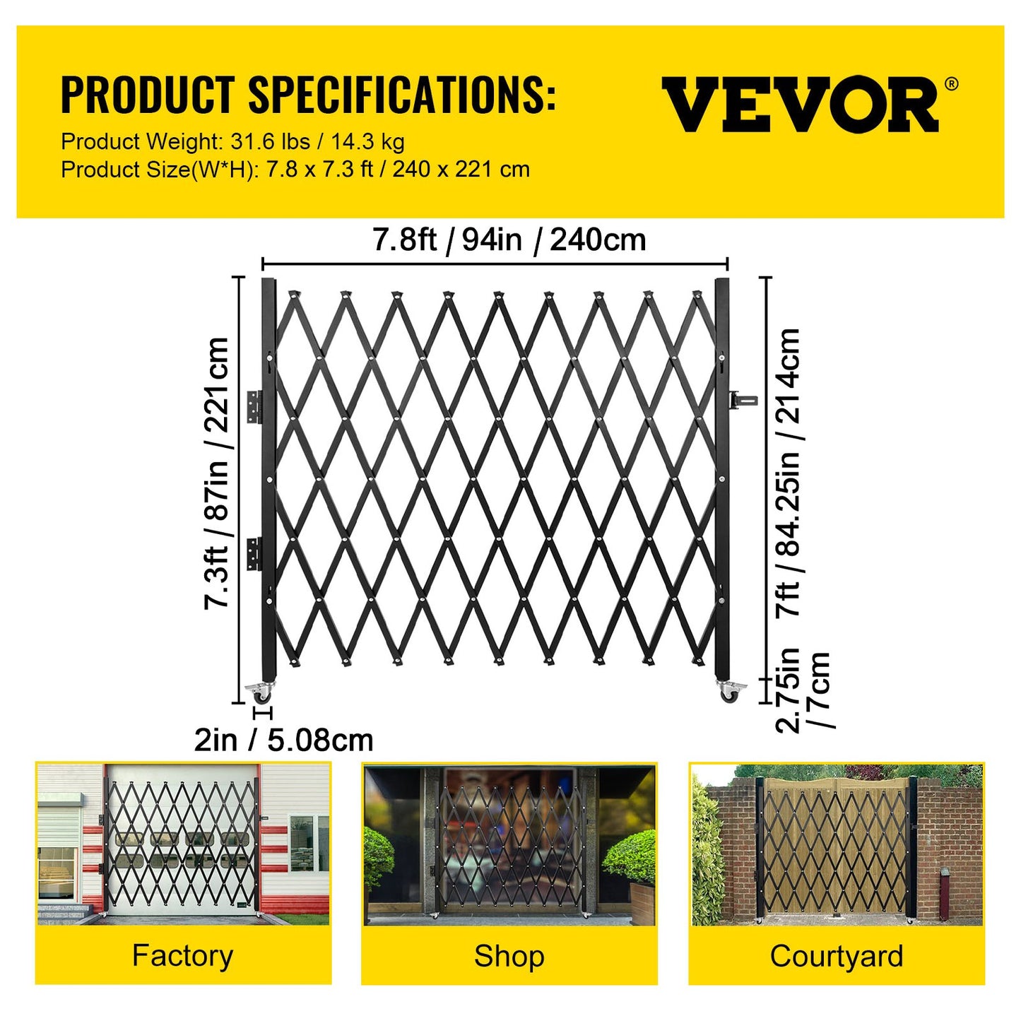 Single Folding Security Gate, 85" H x 95" W Folding Door Gate, Steel Accordion Security Gate, Flexible Expanding Security Gate, Rolling Barricade Gate, Scissor Gate/Door with Padlock